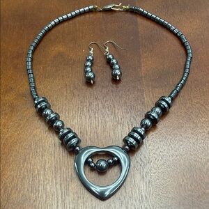 Elegant Silver hematite Heart Necklace and Earring Set